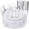 image:imageNervure 350PCS Purple Plastic Plates  Disposable Purple Gold Party Plates amp Pre Rolled Napkins with Cutlery for 50 Guests 100Plates 150 Silverware 50 Cups 50 Napkin for Wedding amp Party amp BridalWhite Silver