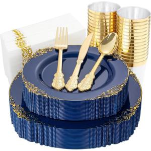 image:imageNervure 350PCS Purple Plastic Plates  Disposable Purple Gold Party Plates amp Pre Rolled Napkins with Cutlery for 50 Guests 100Plates 150 Silverware 50 Cups 50 Napkin for Wedding amp Party amp BridalNavy