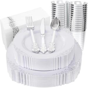 image:imageNervure 350PCS Purple Plastic Plates  Disposable Purple Gold Party Plates amp Pre Rolled Napkins with Cutlery for 50 Guests 100Plates 150 Silverware 50 Cups 50 Napkin for Wedding amp Party amp BridalWhite Silver