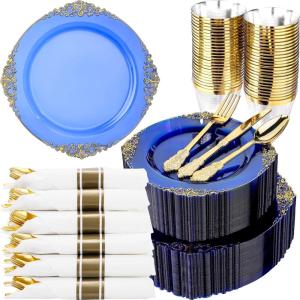 image:imageNervure 350PCS Purple Plastic Plates  Disposable Purple Gold Party Plates amp Pre Rolled Napkins with Cutlery for 50 Guests 100Plates 150 Silverware 50 Cups 50 Napkin for Wedding amp Party amp BridalClear Blue Gold
