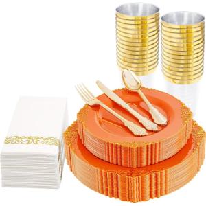 image:imageNervure 350PCS Purple Plastic Plates  Disposable Purple Gold Party Plates amp Pre Rolled Napkins with Cutlery for 50 Guests 100Plates 150 Silverware 50 Cups 50 Napkin for Wedding amp Party amp BridalOrange