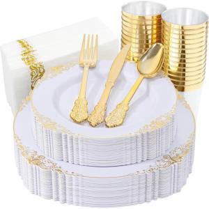 image:imageNervure 350PCS Purple Plastic Plates  Disposable Purple Gold Party Plates amp Pre Rolled Napkins with Cutlery for 50 Guests 100Plates 150 Silverware 50 Cups 50 Napkin for Wedding amp Party amp BridalGold