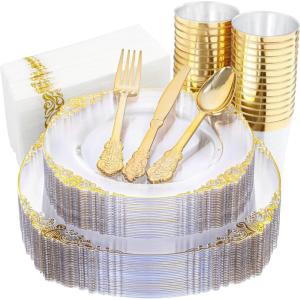 image:imageNervure 350PCS Purple Plastic Plates  Disposable Purple Gold Party Plates amp Pre Rolled Napkins with Cutlery for 50 Guests 100Plates 150 Silverware 50 Cups 50 Napkin for Wedding amp Party amp BridalClear