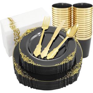 image:imageNervure 350PCS Purple Plastic Plates  Disposable Purple Gold Party Plates amp Pre Rolled Napkins with Cutlery for 50 Guests 100Plates 150 Silverware 50 Cups 50 Napkin for Wedding amp Party amp BridalBlack