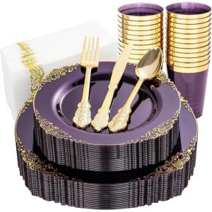 image:imageNervure 350PCS Purple Plastic Plates  Disposable Purple Gold Party Plates amp Pre Rolled Napkins with Cutlery for 50 Guests 100Plates 150 Silverware 50 Cups 50 Napkin for Wedding amp Party amp BridalTransparent Purple