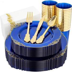 image:imageNervure 350PCS Purple Plastic Plates  Disposable Purple Gold Party Plates amp Pre Rolled Napkins with Cutlery for 50 Guests 100Plates 150 Silverware 50 Cups 50 Napkin for Wedding amp Party amp BridalTransparent Blue