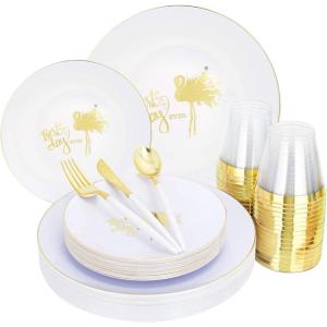 image:imageNervure 150PCS White Plastic Plates with Gold Flamingo PatternampGold Plastic Silverware25Dinner Plates25Dessert Plates25Cups25Forks25Knives25SpoonsPerfect for WeddingampChristmas