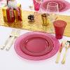 image:imageNervure 150PCS Clear Red Plastic Plates with Gold Rim amp Gold Plastic Silverware  Disposable Gold plates Include50Plates 25Knives 25Forks 25Spoons 25Cups for Wedding amp Party