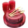 image:imageNervure 150PCS Clear Red Plastic Plates with Gold Rim amp Gold Plastic Silverware  Disposable Gold plates Include50Plates 25Knives 25Forks 25Spoons 25Cups for Wedding amp Party