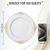 image:imageNervure 740PCS White amp Gold Plastic Dinnerware Set  1025Inch Plates 9Oz Gold Rim Cups amp PreRolled Cutlery