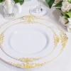 image:imageNervure 740PCS White amp Gold Plastic Dinnerware Set  1025Inch Plates 9Oz Gold Rim Cups amp PreRolled Cutlery