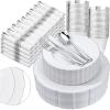 image:imageNervure 350PCS White Silver Plastic Plates  Silver Disposable Plate Service for 50 Guests  100 Plastic Plates 50PreRolled Napkins with Cutlery 50 Cups Perfect for Wedding Party