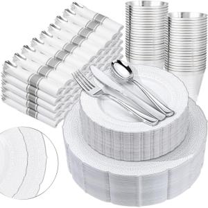 image:imageNervure 350PCS White Silver Plastic Plates  Silver Disposable Plate Service for 50 Guests  100 Plastic Plates 50PreRolled Napkins with Cutlery 50 Cups Perfect for Wedding Party