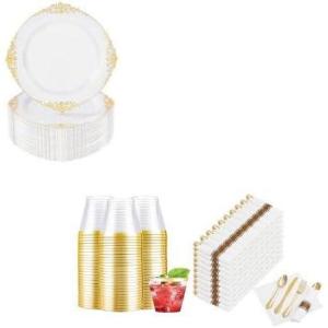 image:imageNervure 740PCS White amp Gold Plastic Dinnerware Set  1025Inch Plates 9Oz Gold Rim Cups amp PreRolled Cutlery